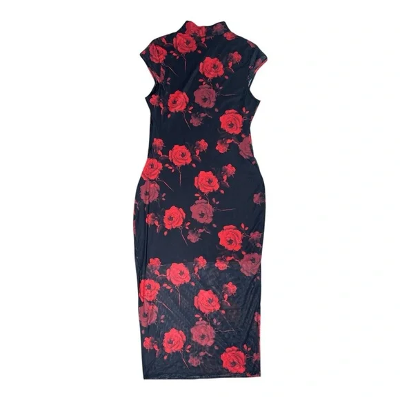 SHEIN Chinese Qipao Style Dress Black and Red Roses Size Extra Large - Picture 2 of 5